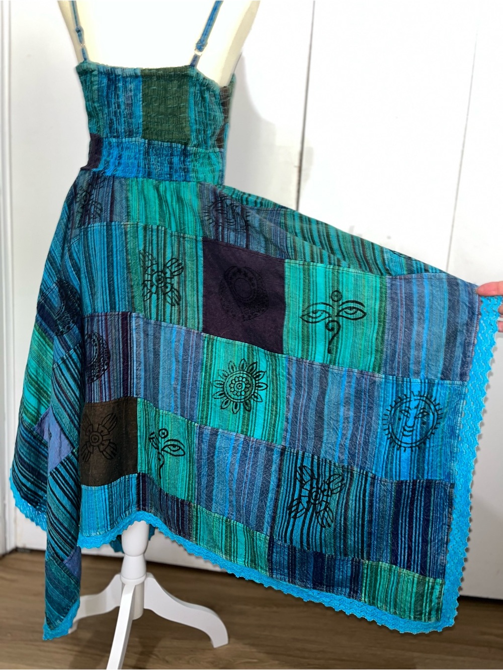 Ananta Cotton Patchwork & Printed Dress  Boho Crochet Trim Smocked Bodice NWT - Picture 11 of 13